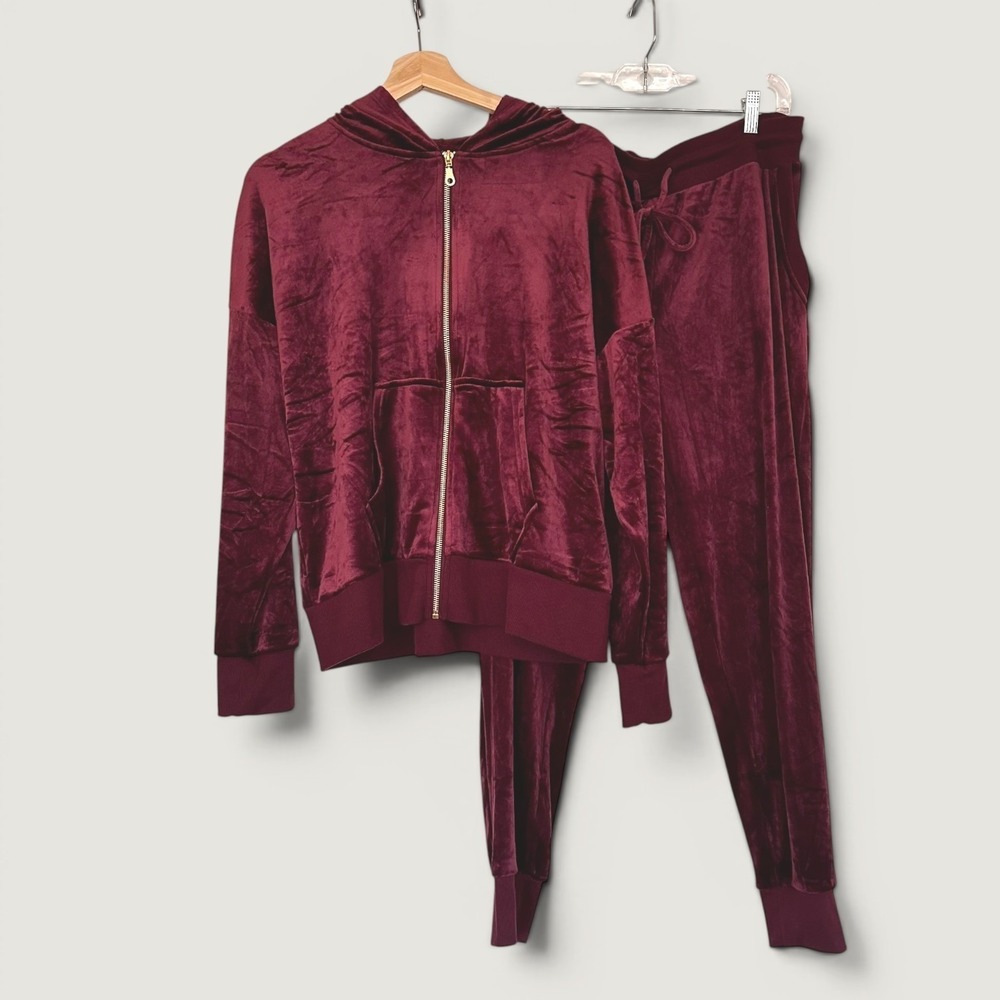 Felina Burgundy Velour Velvet Hoodie Jogger Loungewear Set Women's XL